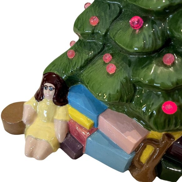 Unique Vintage Handmade Ceramic Green u Christmas Tree Little Girl Presents Tedd - Picture 5 of 16